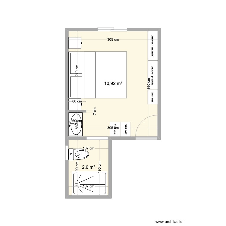 Biarritz chambre 1. Plan de 2 pièces et 14 m2