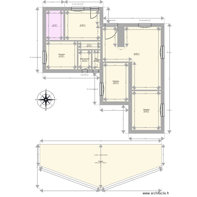 Total. Plan de 9 pièces et 100 m2