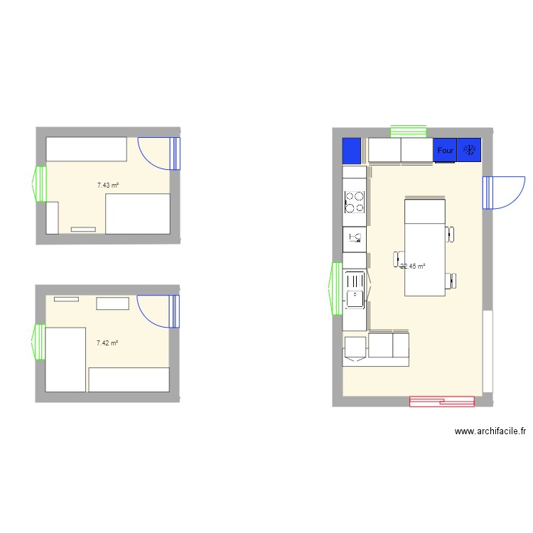 cuisine 1. Plan de 3 pièces et 37 m2