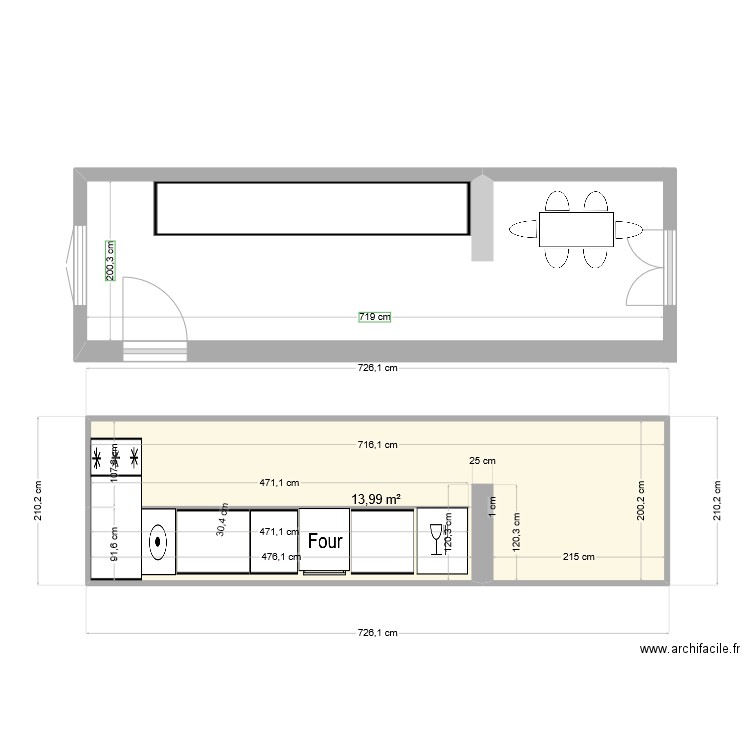 Cuisine Petit Rezole V1. Plan de 1 pièce et 14 m2