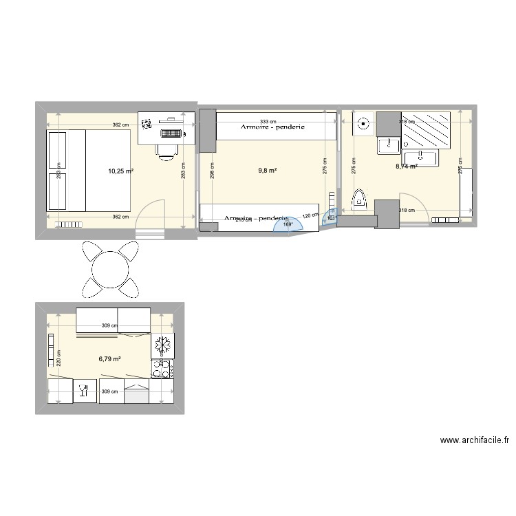 Annam V1. Plan de 4 pièces et 36 m2