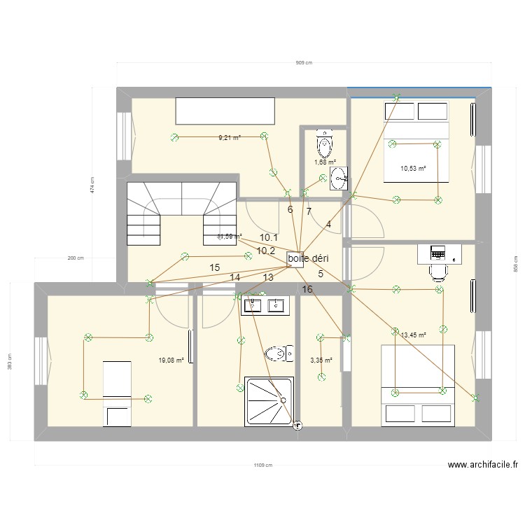 Sèvres 57 R+1 electricité eclairage 2e position salle de bain. Plan de 7 pièces et 69 m2