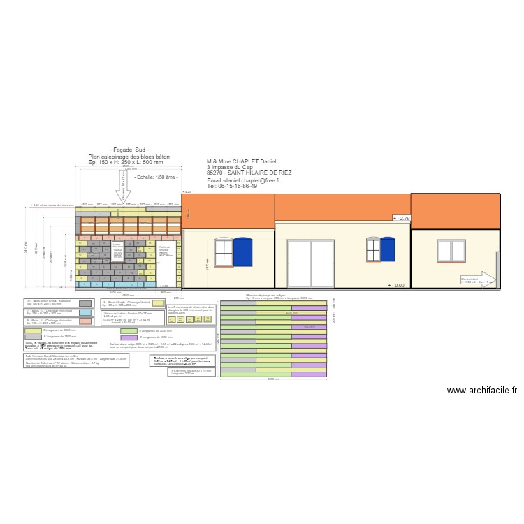 Façade Sud Bloc Béton Creux Hauteur 25 cm. Plan de 4 pièces et 42 m2