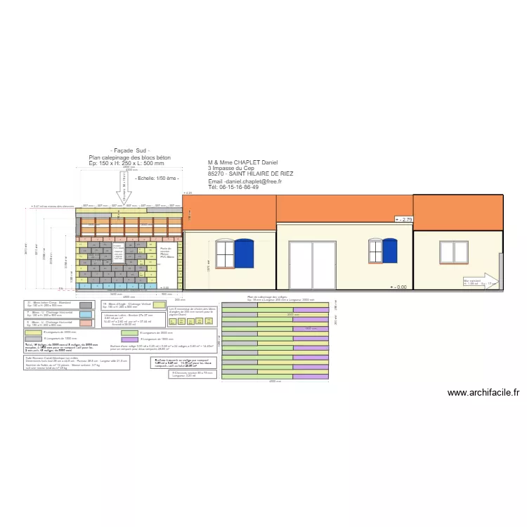 Fa&ccedil;ade Sud Bloc B&eacute;ton Creux Hauteur 25 cm. Plan de 