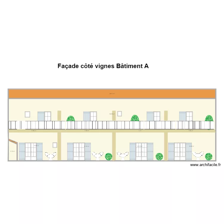 Fa&ccedil;ade cot&eacute; vignes B&acirc;timent A et Terrasse &eacute;tage. Plan de 