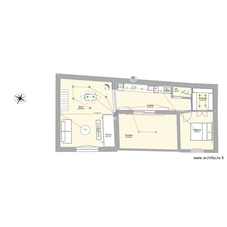 Plan RDC (Eclairage). Plan de 17 pièces et 169 m2