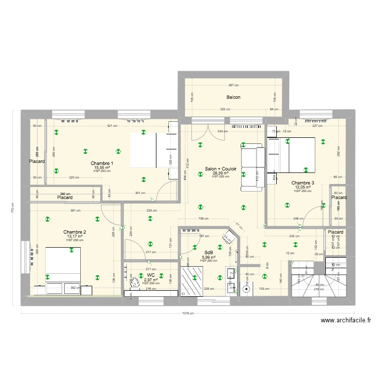 Cotations 1er étage Projet 6. Plan de 13 pièces et 89 m2