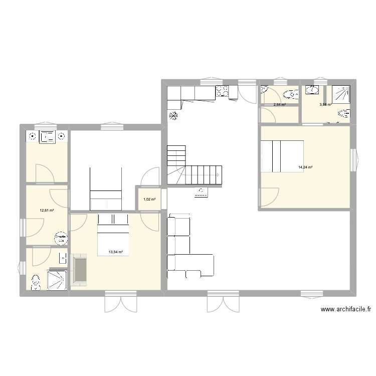 Lit et Mixe Final. Plan de 6 pièces et 48 m2