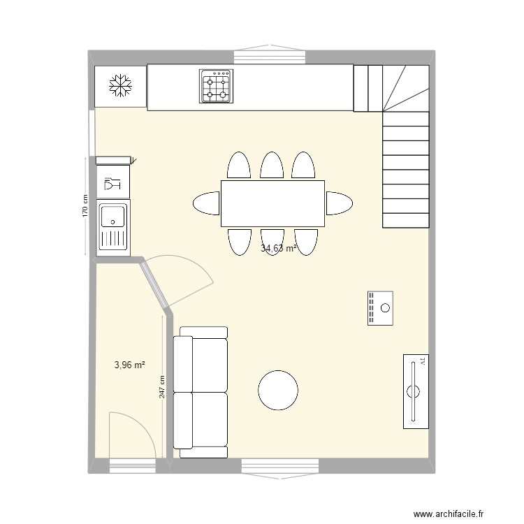 Cuisine 01. Plan de 2 pièces et 39 m2