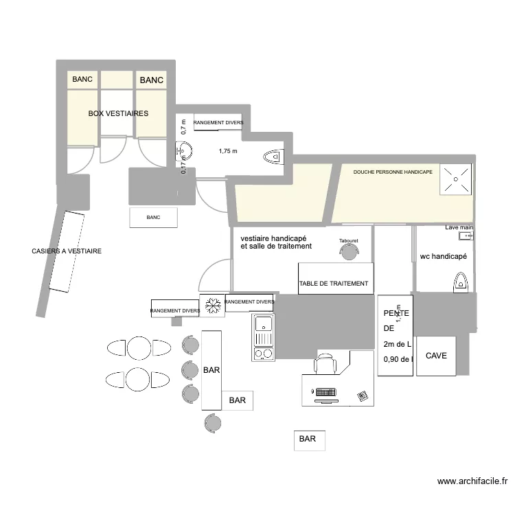 wc douche lavabo.  et vestiaire. &&sect;:&&eacute;. Plan de 13  et 12 m²
