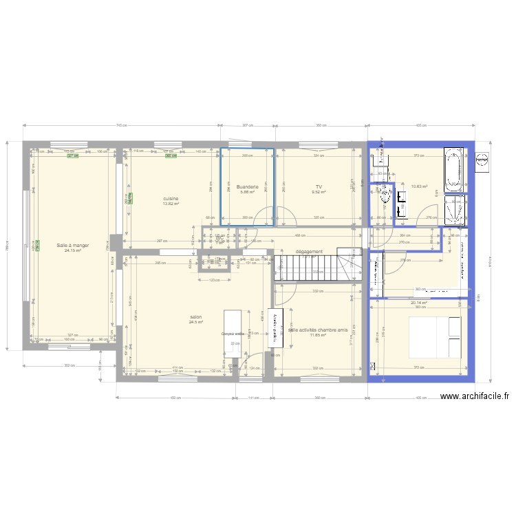 pièces de vie cotes. Plan de 10 pièces et 129 m2