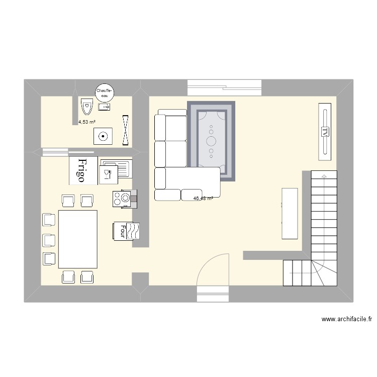 rdc non séparé. Plan de 2 pièces et 51 m2