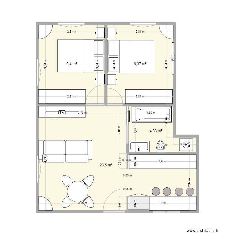 momo n°2 version 4. Plan de 4 pièces et 47 m2