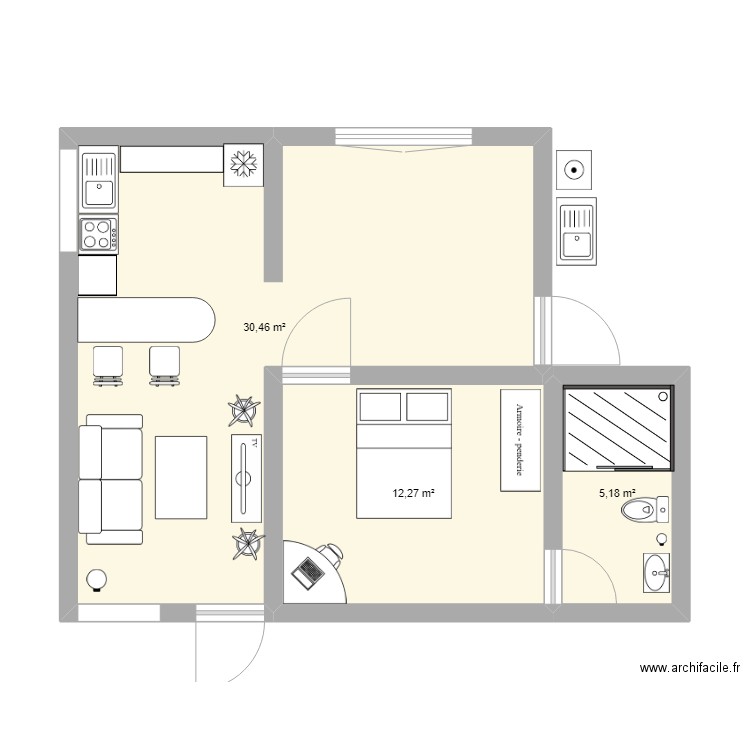 casita. Plan de 3 pièces et 48 m2