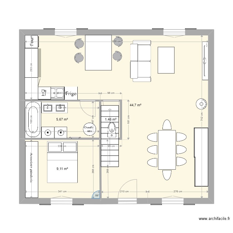 Plan RDV Numéro 5 version sans Bureau v2. Plan de 4 pièces et 61 m2