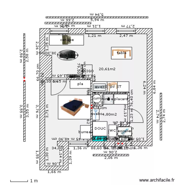 miraille 2) etage cote cour renove 2&deg; VERS  3 AVEC MEUBLE FORM T2 herve bis c. Plan de 