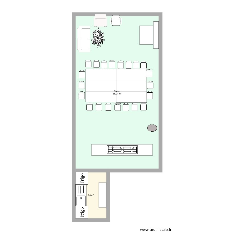 salle. Plan de 2 pièces et 73 m2