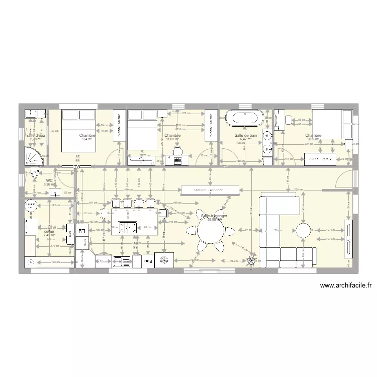 Maison Grand espaces - 3 chambres. Plan de 