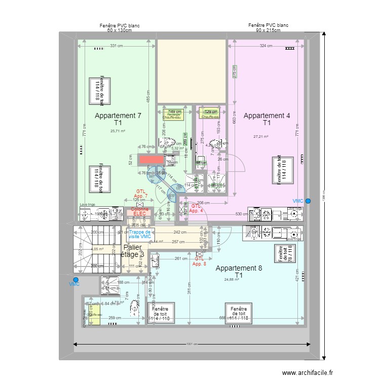 Pasteur Etage 3 k. Plan de 14 pièces et 124 m2
