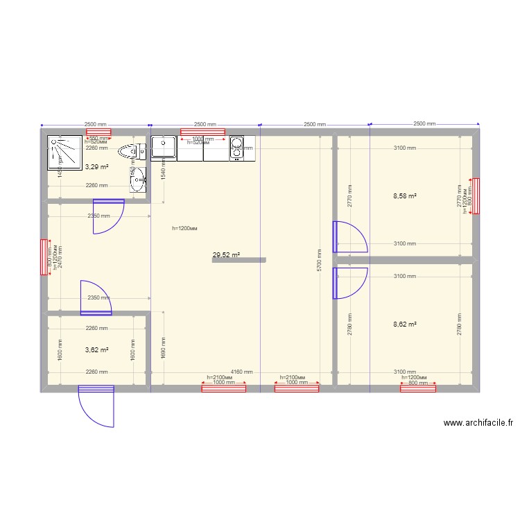 60 nn. Plan de 5 pièces et 54 m2