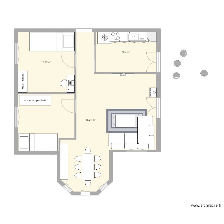 salon Projet 1. Plan de 3 pièces et 69 m2