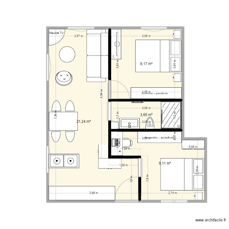 momo plan 1 version 3. Plan de 4 pièces et 43 m2