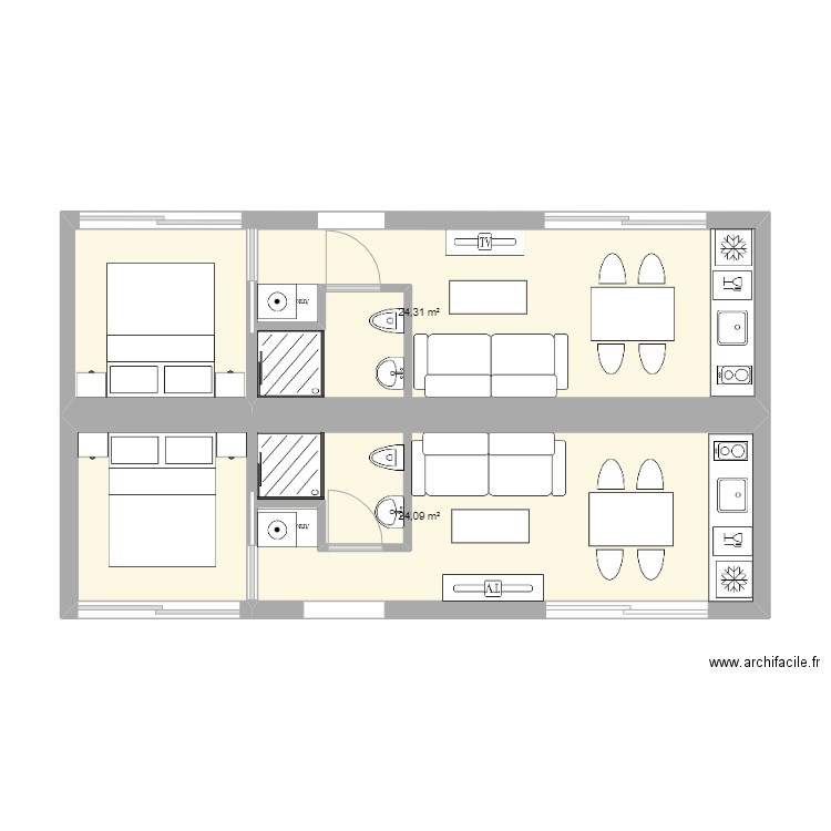 p2 chalet. Plan de 2 pièces et 48 m2