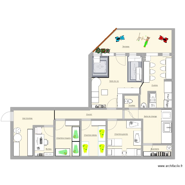 crèche. Plan de 12 pièces et 88 m2