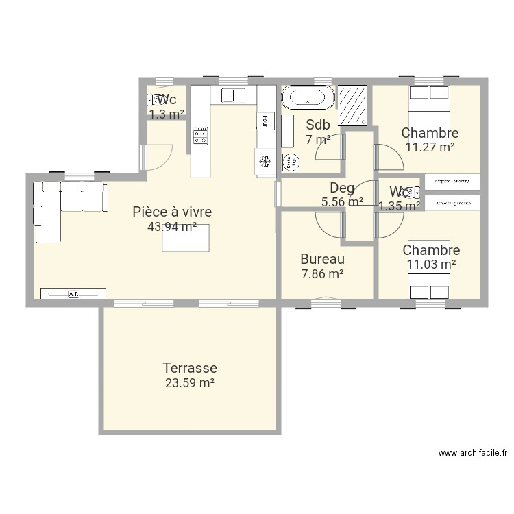 Maison t3 90m2 plus bureau idéale. Plan de 0 pièce et 0 m2