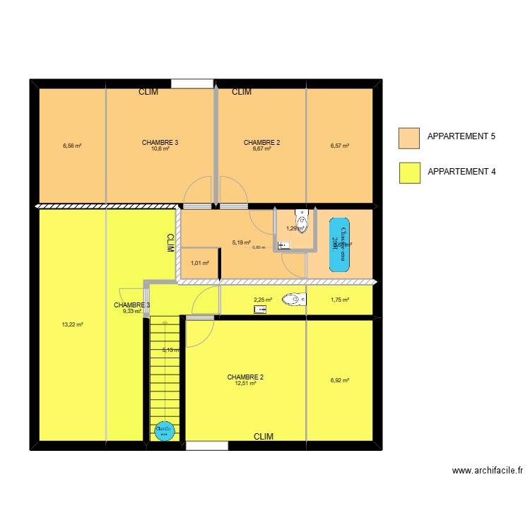 2eme F. Plan de 15 pièces et 95 m2