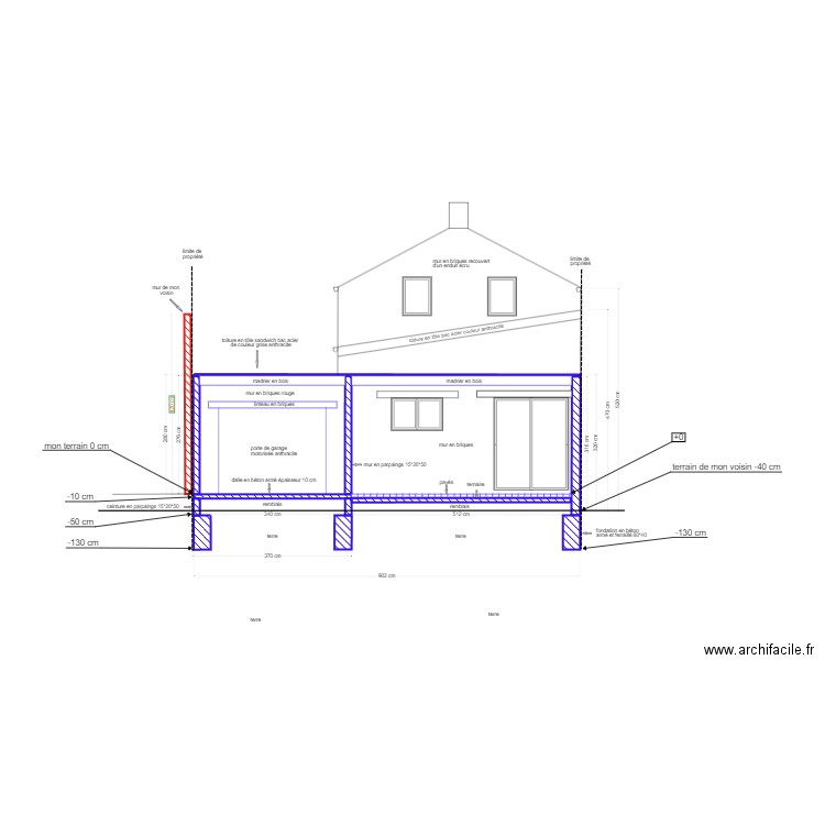 plan de coupe du terrain avec projet d'extension. Plan de 0 pièce et 0 m2