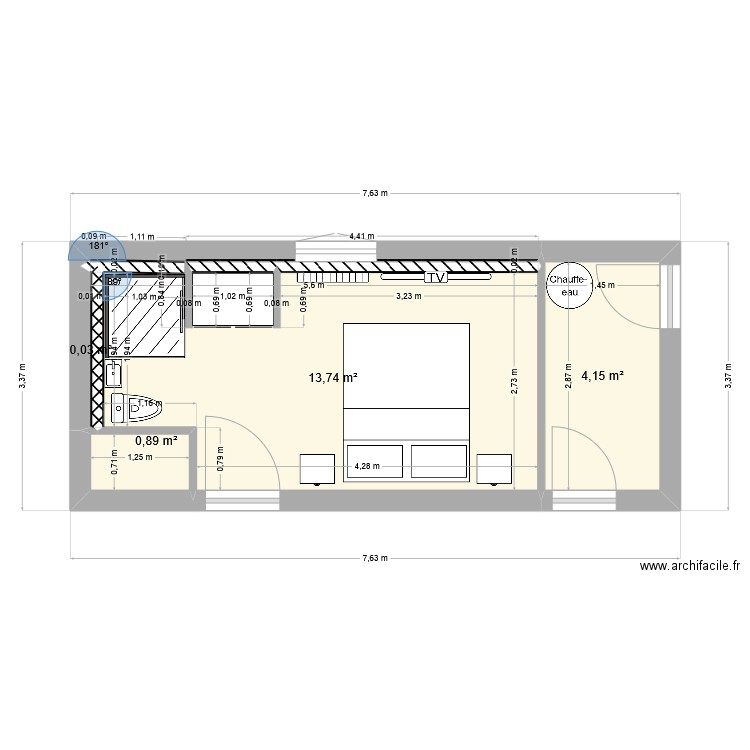 Piéce-2. Plan de 4 pièces et 19 m2