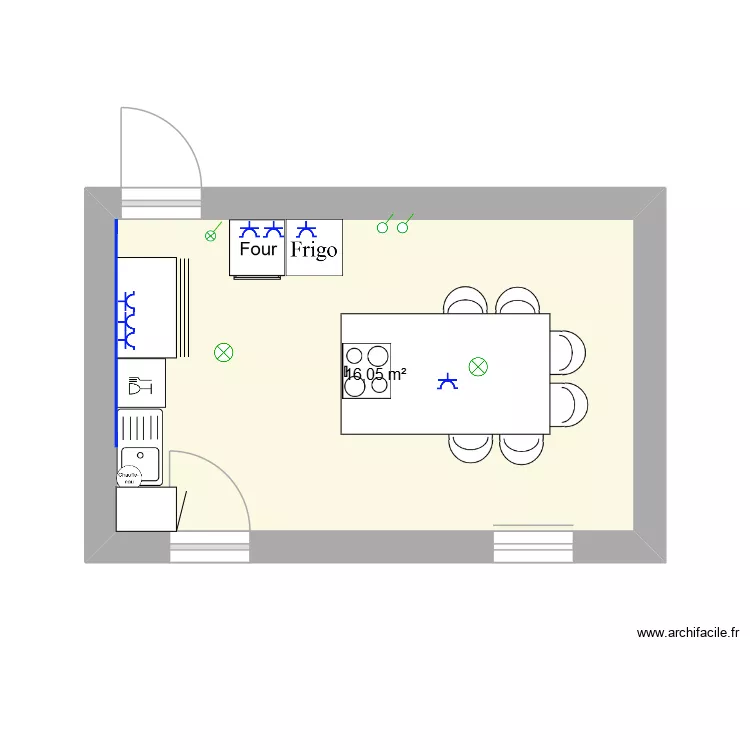 Cuisine. Plan de 1 pièce et 16 m²