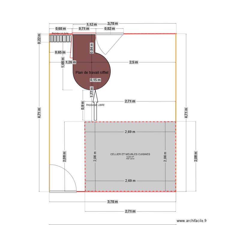 CUI2. Plan de 1 pièce et 6 m2