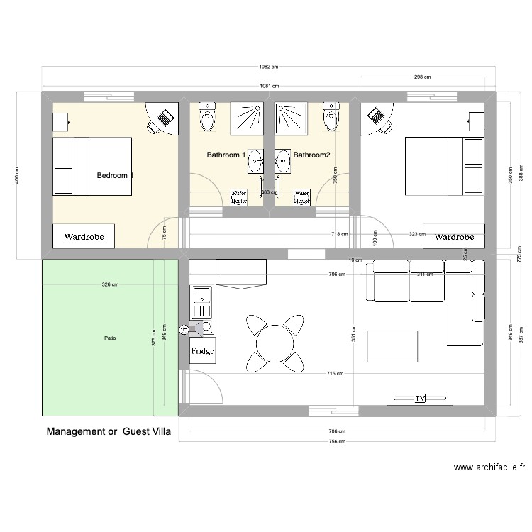 Management and Guest Villa. Plan de 3 pièces et 19 m2