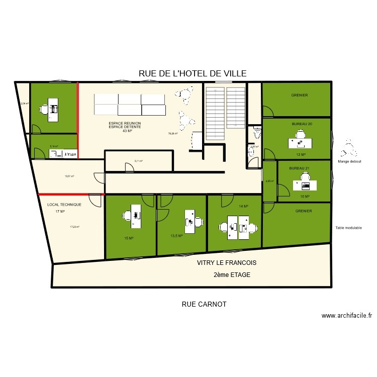 VITRY CARNOT 2 ème étage vierge. Plan de 18 pièces et 256 m2