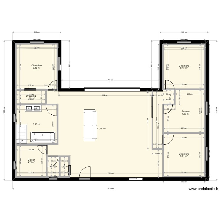 plan maison u 105 m2. Plan de 10 pièces et 130 m2