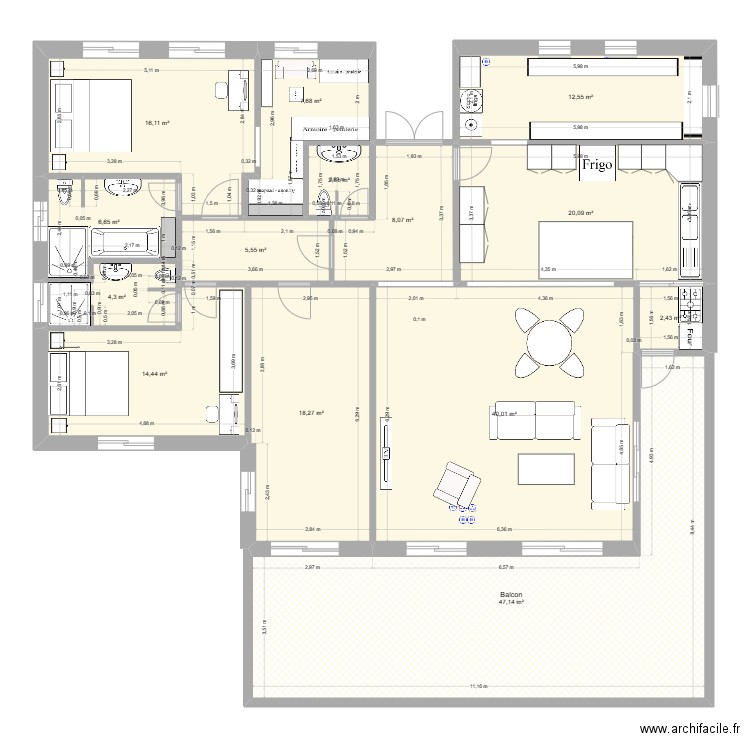 plan 1. Plan de 14 pièces et 206 m2