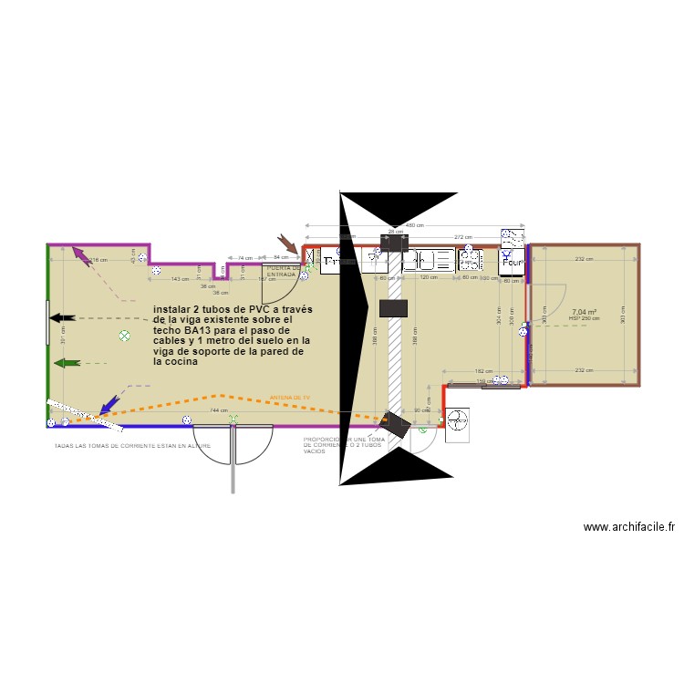 passage gaines electriques. Plan de 3 pièces et 43 m2