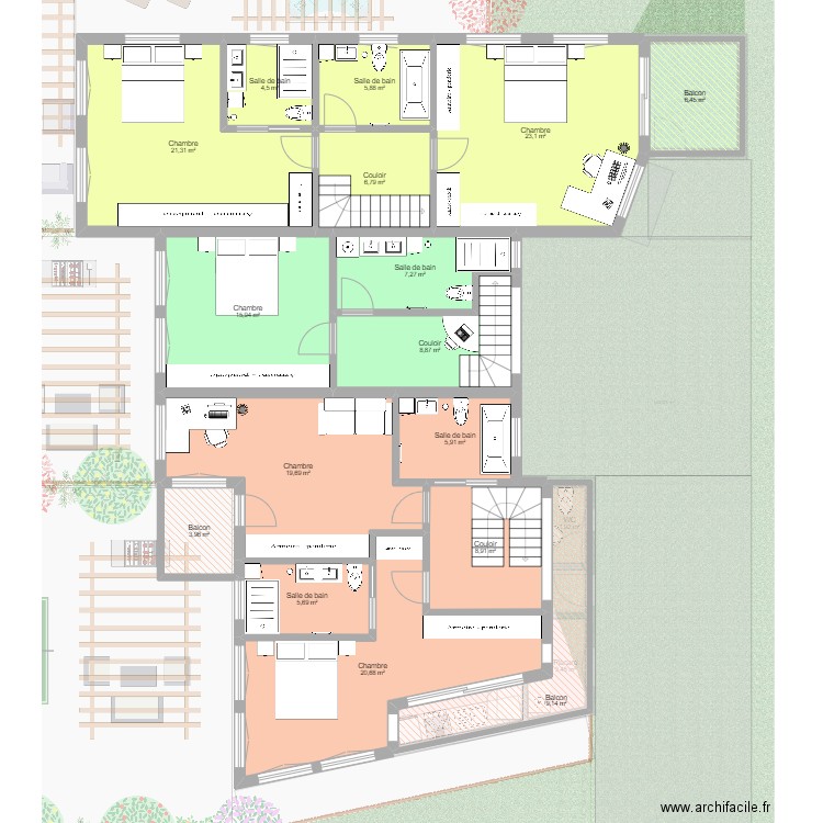 Plan selon étude faisabilité. Plan de 43 pièces et 522 m2