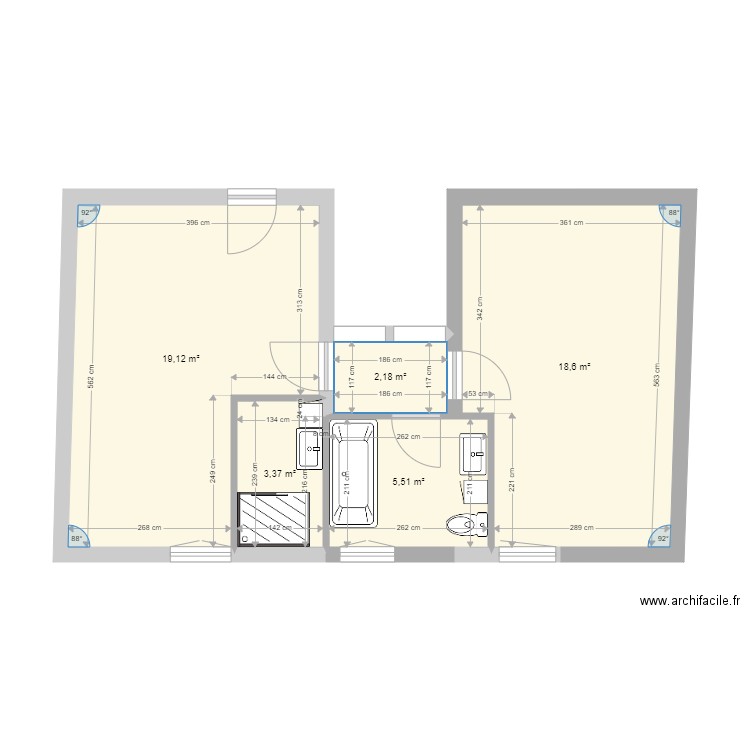 1er étage actuel. Plan de 5 pièces et 49 m2