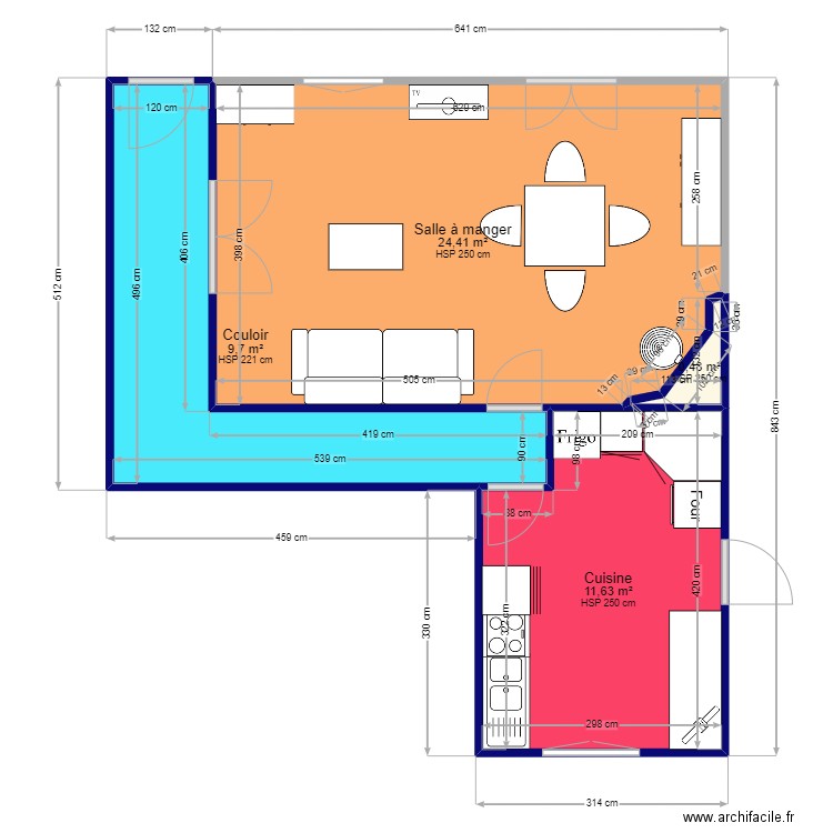 cuisine maman. Plan de 4 pièces et 46 m2