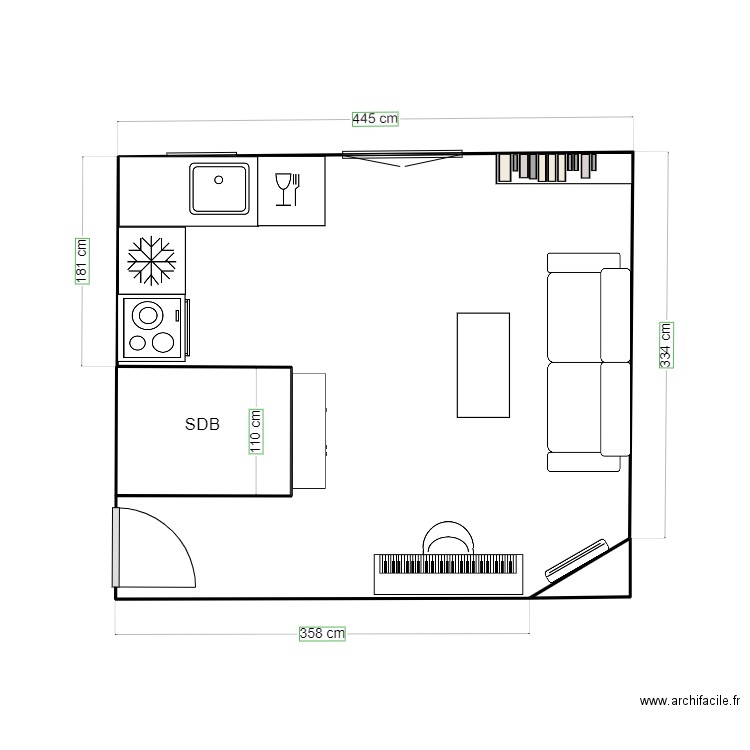 cuisine. Plan de 3 pièces et 17 m2