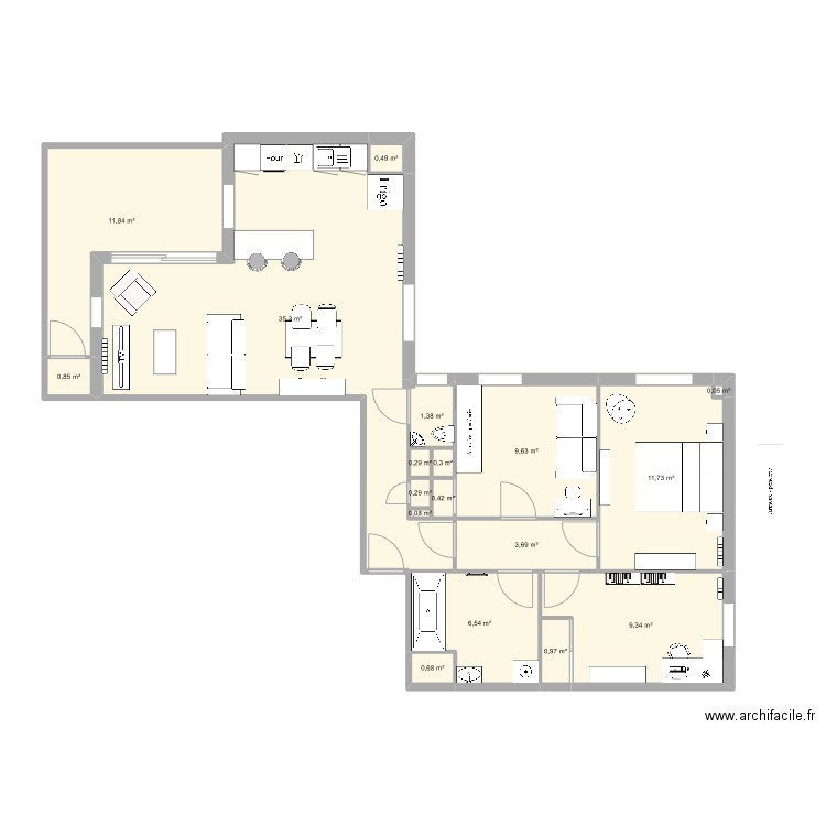 babou acigné2. Plan de 18 pièces et 94 m2