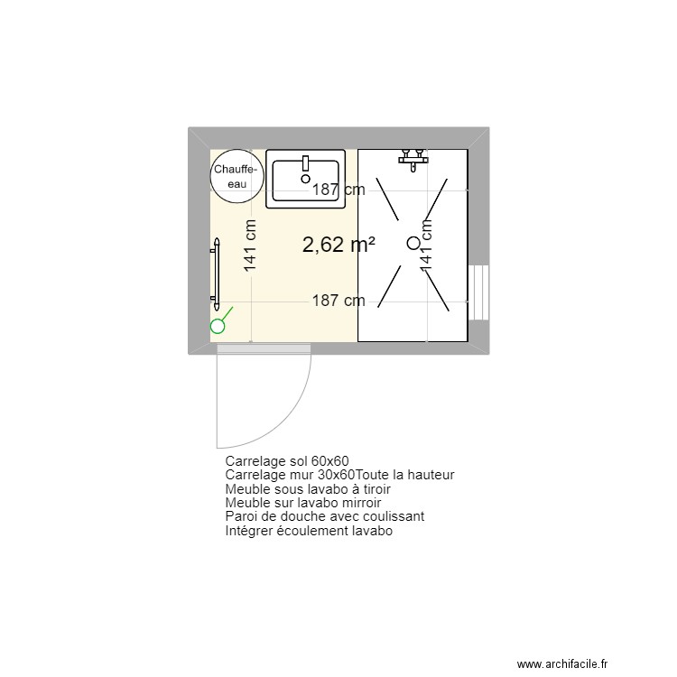 SDB existante. Plan de 1 pièce et 3 m2