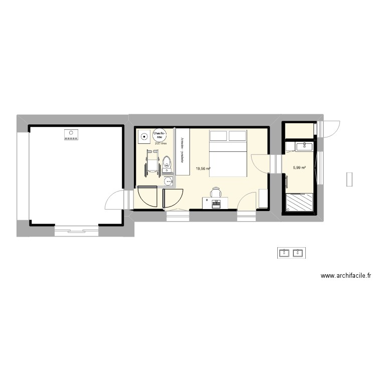 RDC meublé CHBRE 1 + SdE + cumulus (sans PAC)  SALON. Plan de 2 pièces et 26 m2