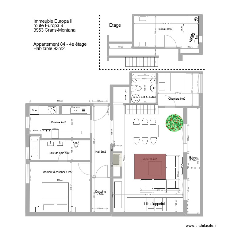 Europa II - disposition couchages salon. Plan de 4 pièces et 11 m2