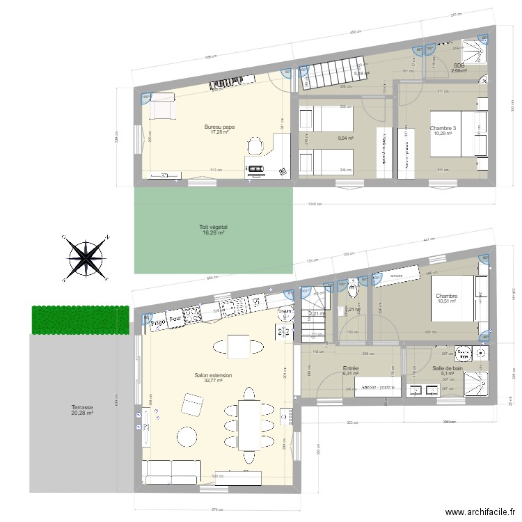 Patis Maison Fernand angle droit V1. Plan de 11 pièces et 104 m2