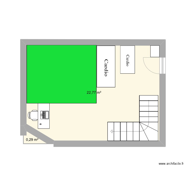 Salle Crosscage 3x3. Plan de 2 pièces et 23 m2