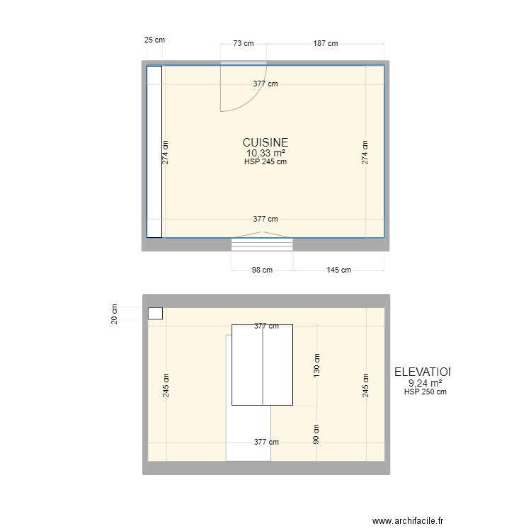 CUISINE COLBERT. Plan de 2 pièces et 20 m2